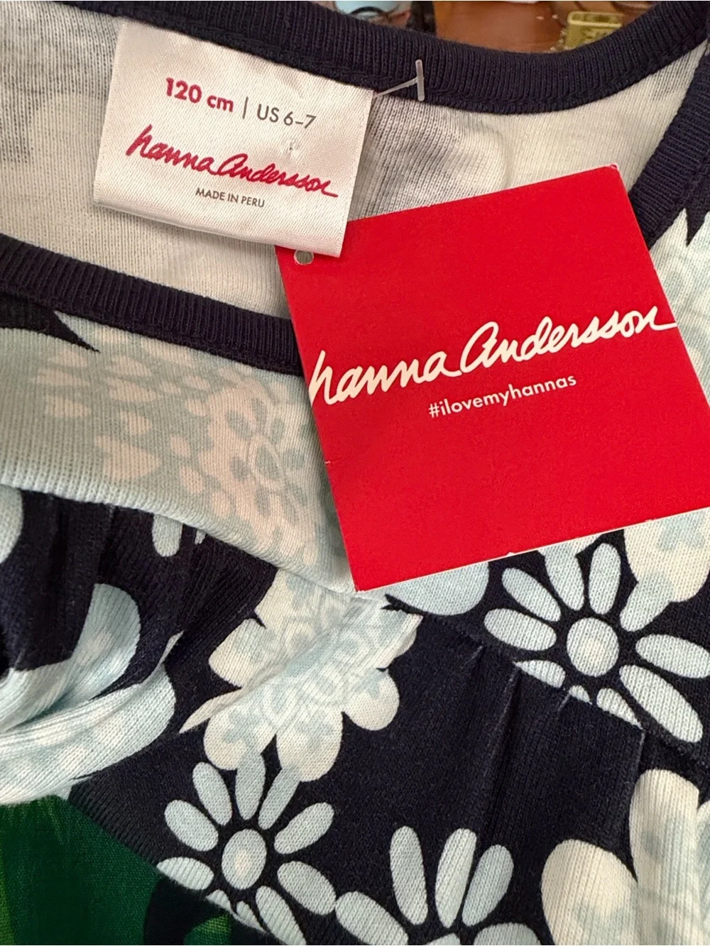 Hanna Andersson girls navy blue white Floral Long-Sleeve Dress 120 6-7 NWT